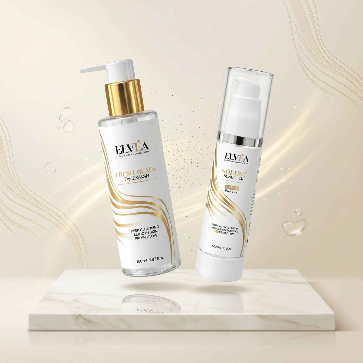 ELVÉA Starter Duo - The best 2-step beginner skincare routine in Pakistan featuring Fresh Beads Facewash and Soltint Sunblock SPF 60