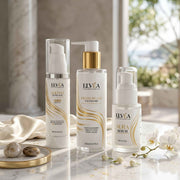ELVÉA Essential Trio - The best 3-step minimalist daily skincare routine in Pakistan featuring facewash, hydrating serum, and tinted sunblock.