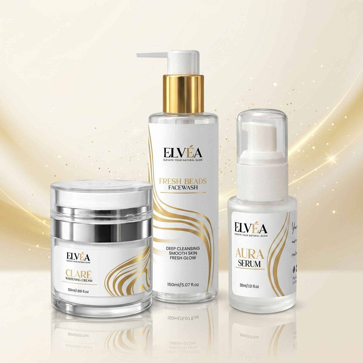 ELVÉA Radiant Skin Trio - The best 3-step daily hydration and glowing skin routine in Pakistan featuring facewash, serum, and whitening cream.